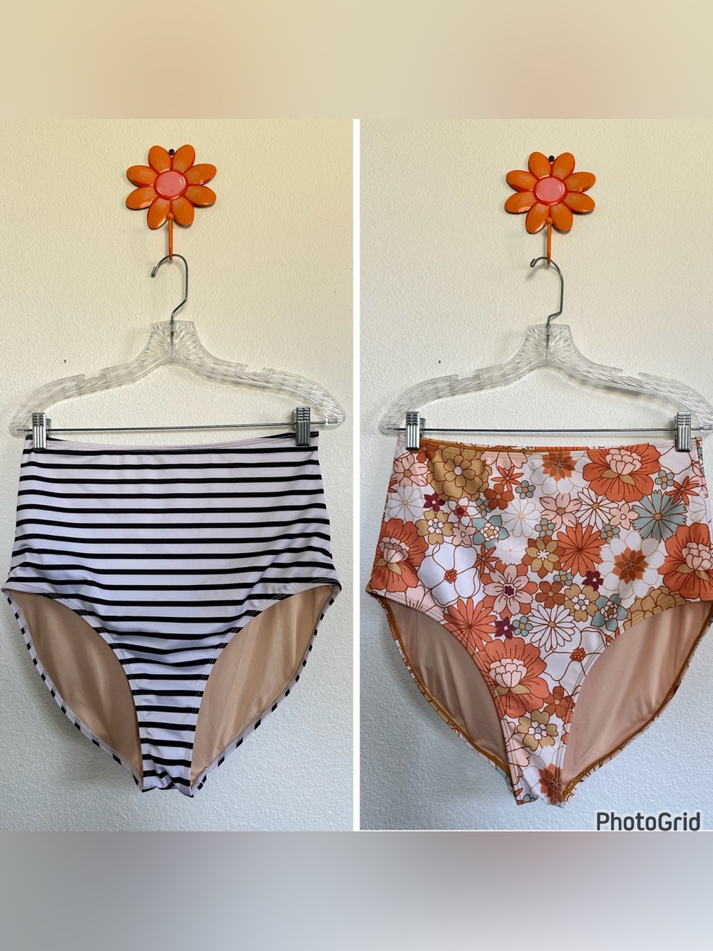 Livy&Kate 2 High-Waist  Swim Briefs — Orange Floral / Blue & White Stripe